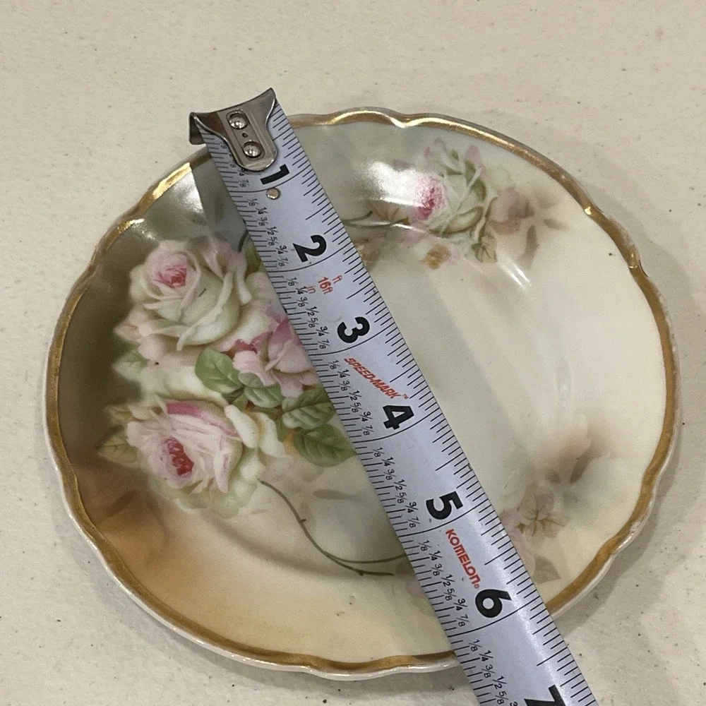 Antique Germany Porcelain Plate Large Pink & White Cabbage Roses, 6